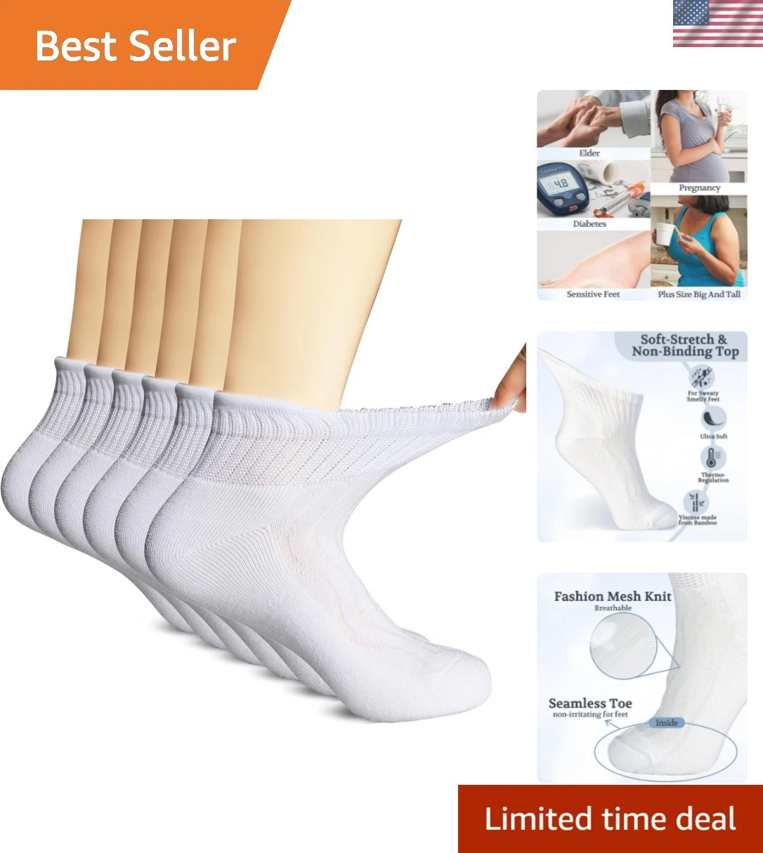 Bamboo Viscose Ankle Diabetic Socks for Men & Women, 6 Pairs, Soft Cushioned,...