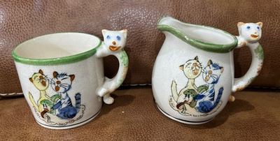 #ad Vintage Made in Japan Cat Kitten Tea Cup amp; Creamer w Cat Shaped Handle Cute $20.00