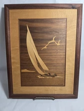 Hudson River Inlay Wood Marquetry Art Sailboat signed 231 Nelson Nautical Art