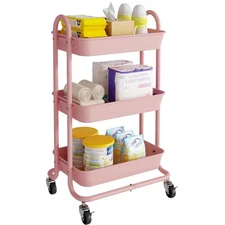 3-Tier Utility Rolling Cart with Plastic Baskets,Kitchen Storage Carts with W...