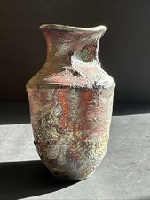 Raku Fired Studio Art Pottery Vase Iridescent Metallic 6" Tall Wabisabi