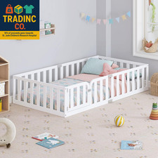 Twin Size Kids Floor Bed Frame with Fence and Door, Solid Wood Montessori Floor