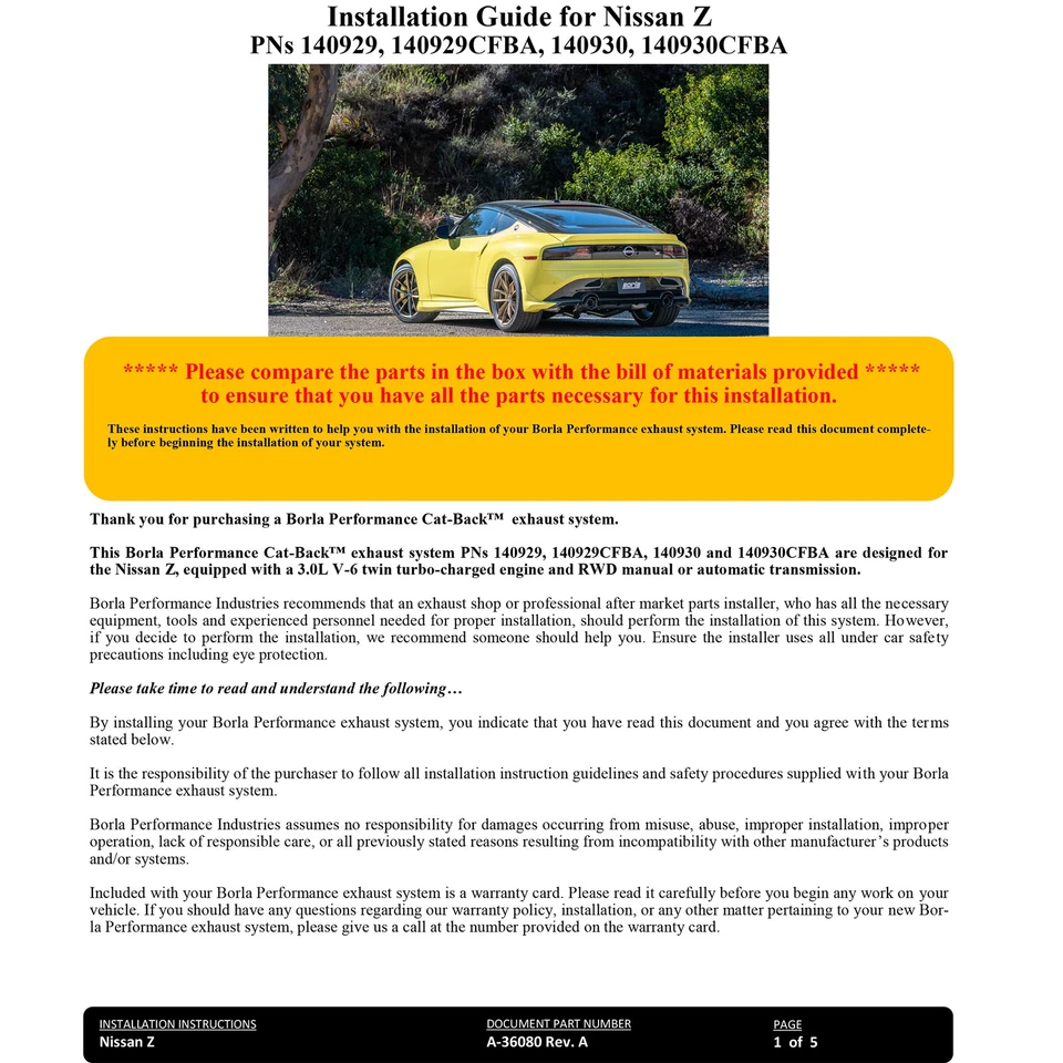 Borla 140929 S 型不锈钢猫背排气系统适用于 23-24 日产 Z 3.0L V6 — 第 2/4 张图片