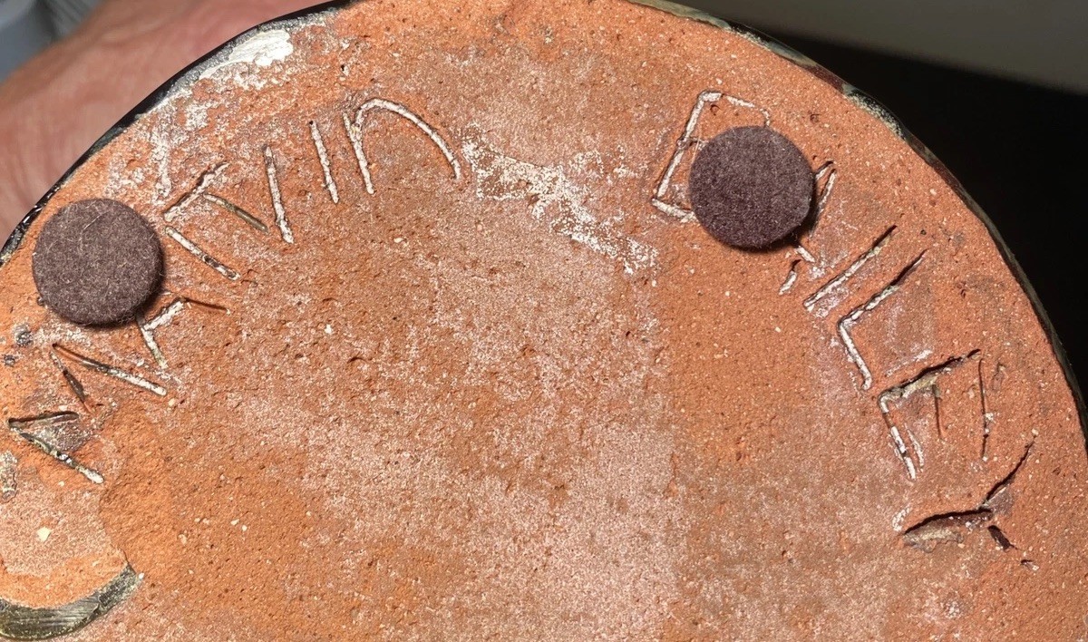 VTG Folk Art Primitive Creepy Flask Pottery Snake Jug Brown Glaze Marvin Bailey