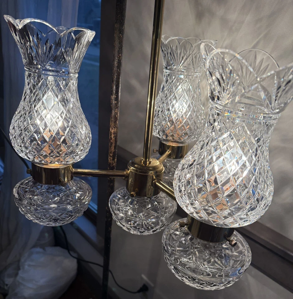 Waterford Lismore Three Arm Polished Brass Chandelier- Hurricane Lamp- Crystal - Image 3 of 4