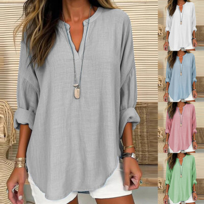 Damen Langarmshirt V-Neck Bluse Herbst Blushemd Lose Longbluse Oberteile Tops