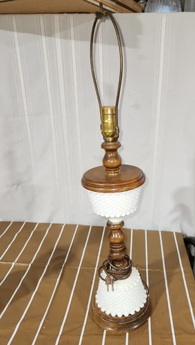Vintage Hobnail White Milk Glass & Wood Table Lamp Electric