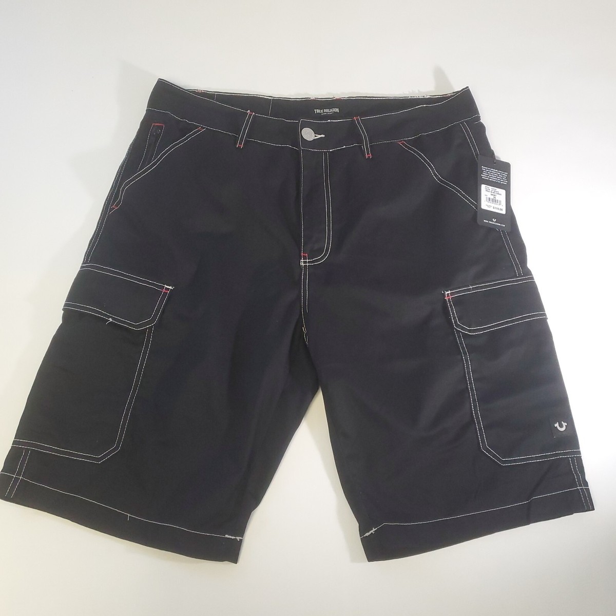 True Religion Cargo Shorts Jet Black White Stitch 108056 US Men