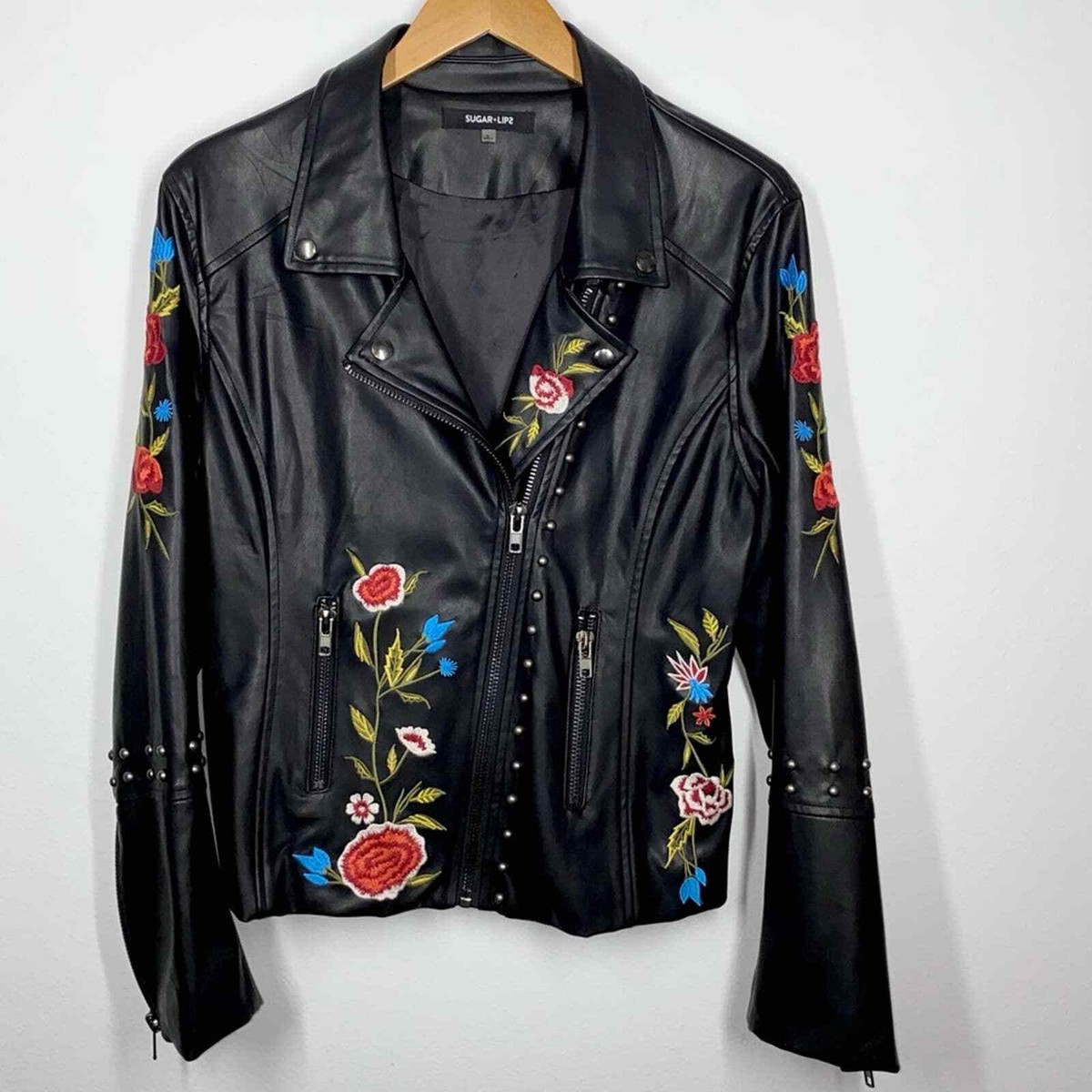 L SUGAR+LIPS Black Faux Leather Floral Embroidered Studded