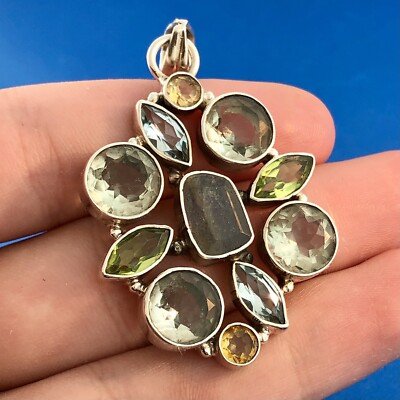 Retro 925 Sterling Silber Mehrfarbig Form Edelstein Oval Statement Anhänger
