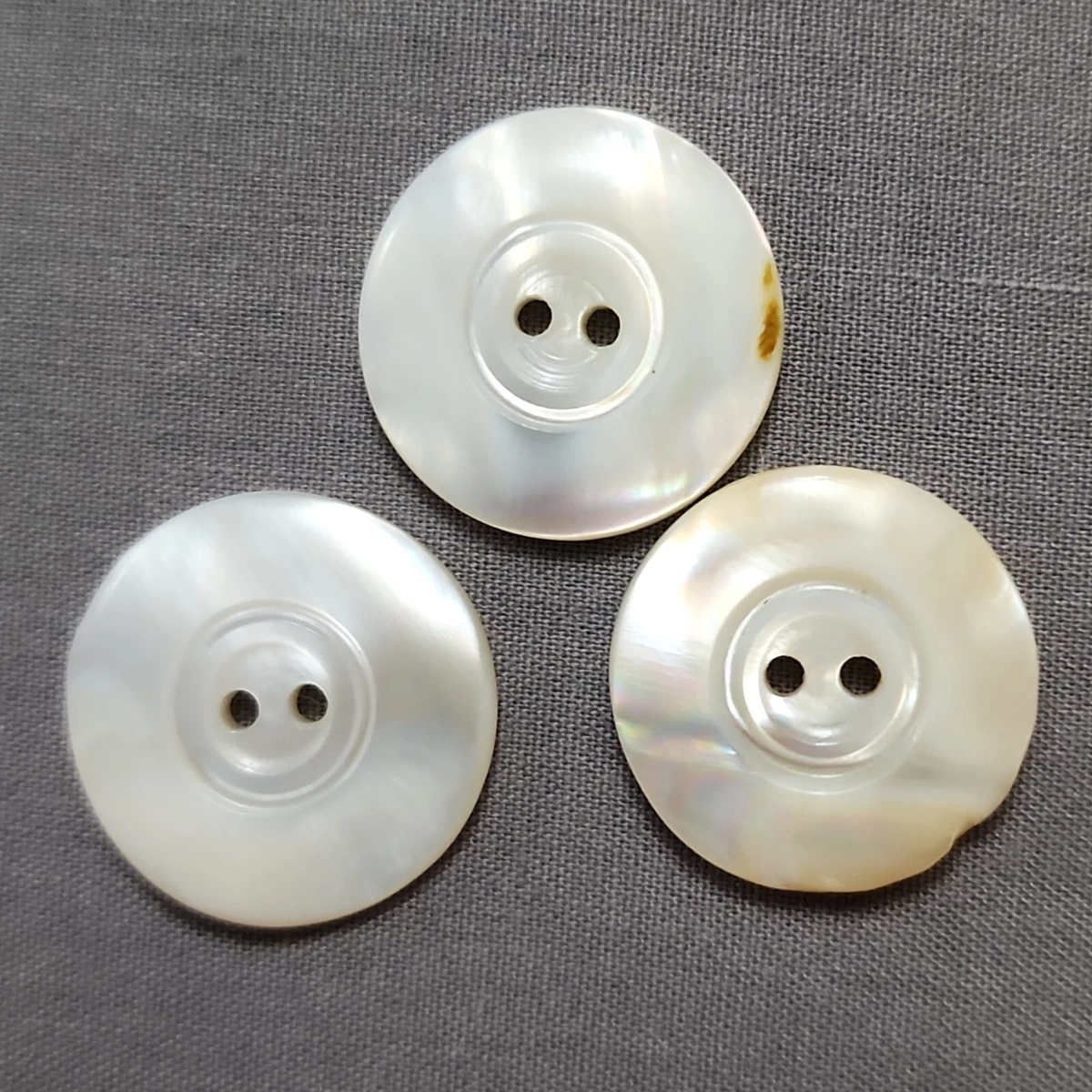 Vintage Antique White Mother of Pearl Buttons Set of 3 Carved 3 4in 2 Hole Shell