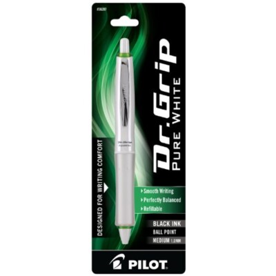 Pilot Dr. Grip Ball Pen Med. 1.0mm Pure White Green Accent Blk Ink Office School