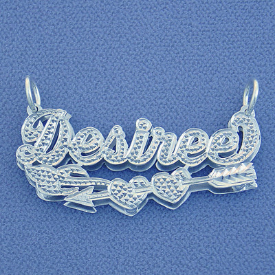 Silber Personalisiert 3D Doppel Platte Name Herz Amor Pfeil Anhänger Charm Schmuck