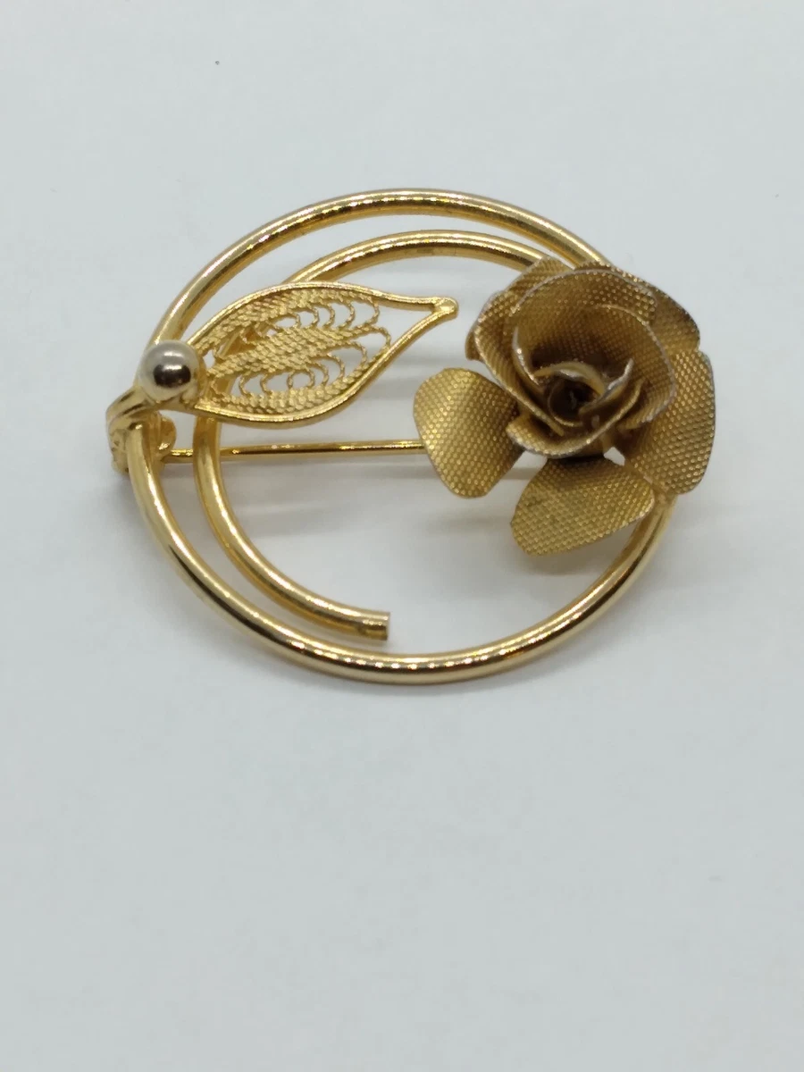 Vintage Sarah Coventry Rose Brooch Filigree Leaf Circle Pin Gold Tone