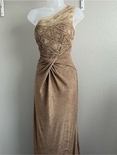 David Meister Gold One-Shoulder Sequin Mesh Goddess Luxury Beaded Gown - Size 8