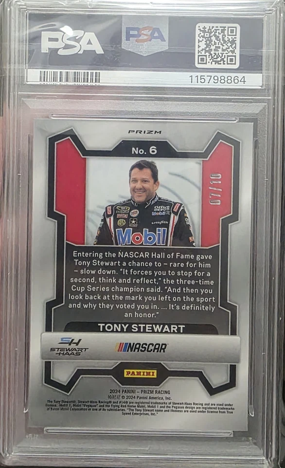 Prizm NASCAR Tony Stewart 2024 brillo azul/10 PSA 10 GEMA MT #6 POP 1 Foto 2 de 3