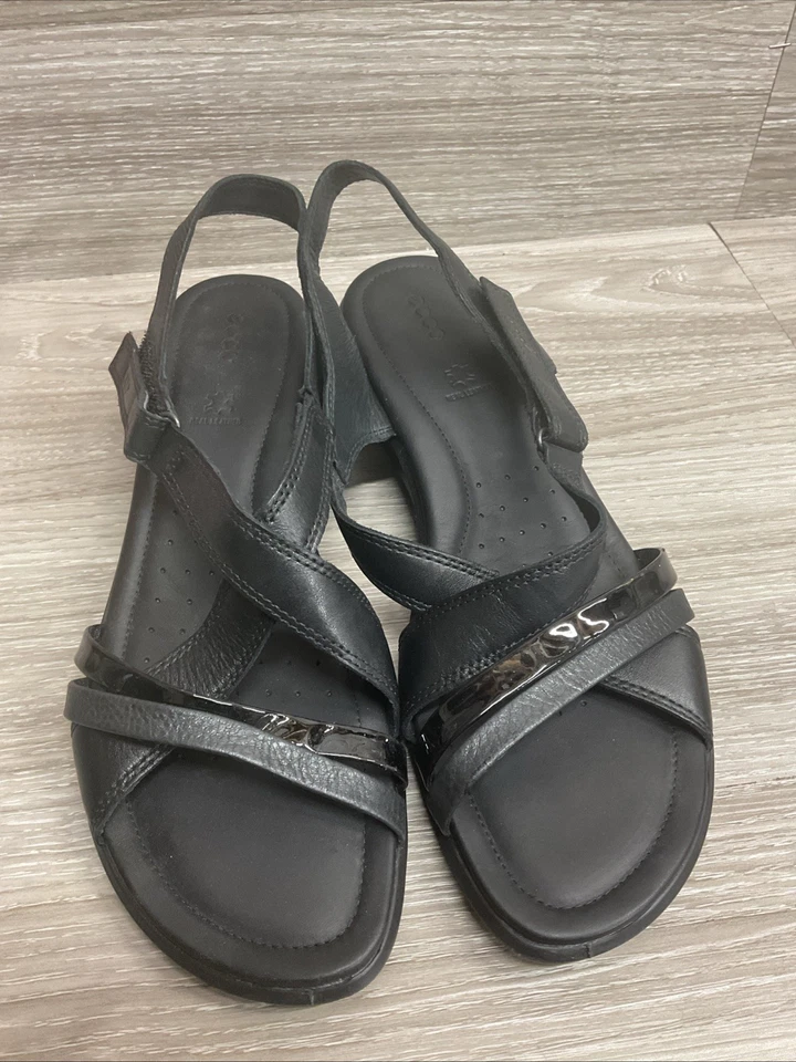 Ecco Felicia凉鞋女式10-10.5米EU41黑色皮革绑带 — 第 4/4 张图片