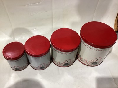 195O's Set of 4 Tin Litho  Victorian Bonnet Lady Red Rose Garden Cannisters