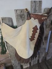 Leather Chinks, White With Dark Brown Fringe And Medium Brown Tops And Sides