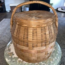 Vintage Large Handwoven Wicker/Split Bamboo Basket 14in Tall X 13in Wide w/Lid