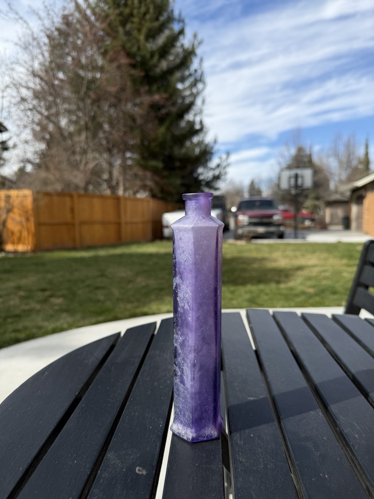 8&rdquo; tall vintage six sided purple amethyst glass perfume bo