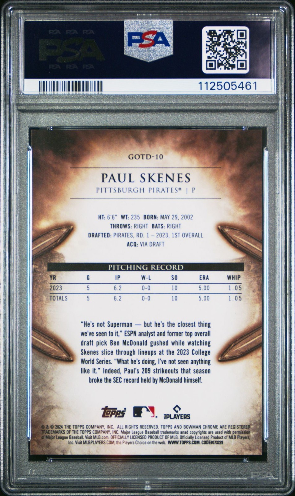 2024 Bowman - Gladiators of the Diamond Paul Skenes #GOTD-10 (RC) PSA 10  view 2