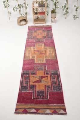 Turkish 3,1x10,9 ft Rug, Herki Vintage Rug, Purple Patchwork Wool Rug