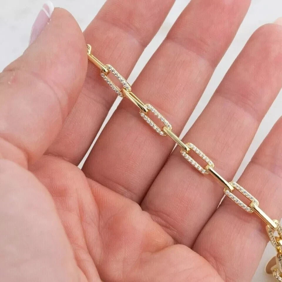 2Ct Round Cut Real Moissanite Women's Paperclip Bracelet 14K Yellow Gold Plated