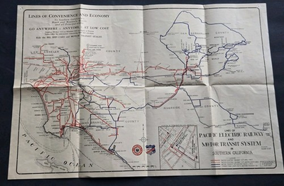 #ad #ad 1930 Pacific Electric Railway Map Los Angeles Big Red Cars Original $43.00