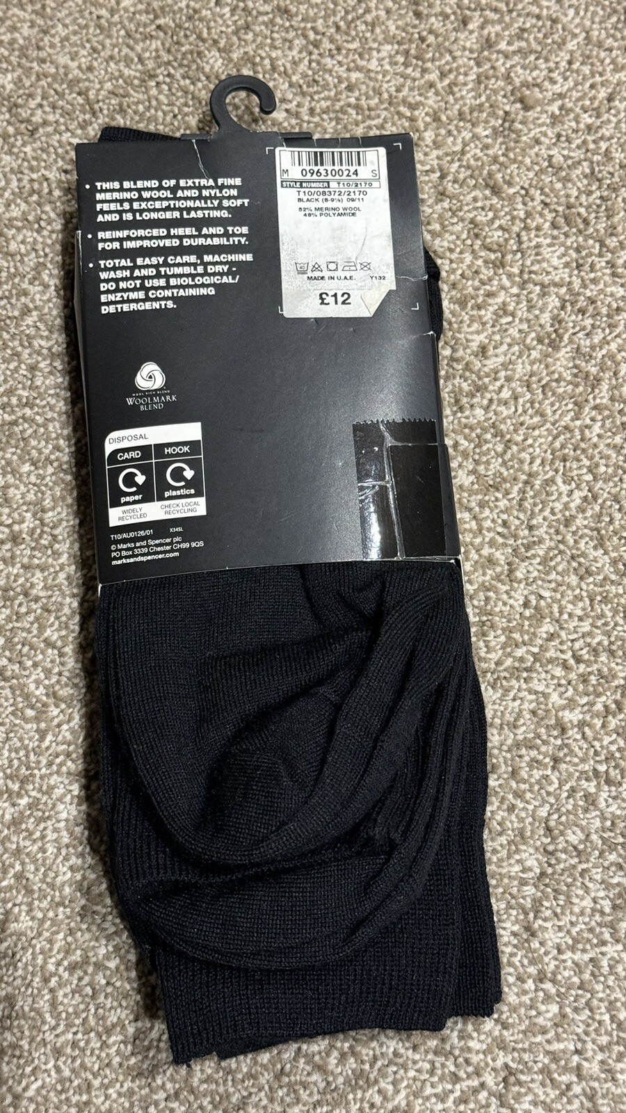 Men’s Merino Wool Blend Socks 3 Pairs Black Marks & Spencer Autograph