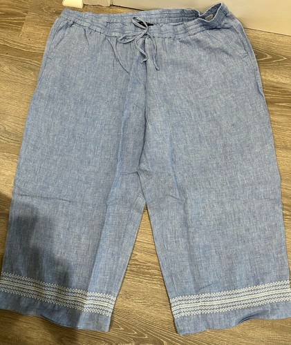 NWT Talbots 100% Linen Cropped Blue Embroidered Hem Pants with Tie Waist - Picture 2 of 4
