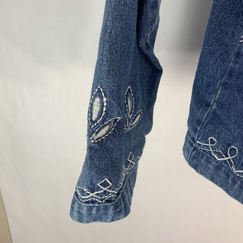 Chaqueta Denim De Colección Julia Kim Bordada Cuello Mandarín PL Años 90 Botones Estrella - Imagen 7 de 10