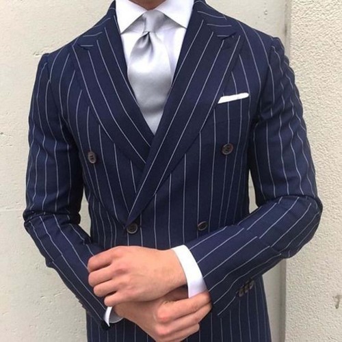 Men Navy Blue Stripes Suits Designer 