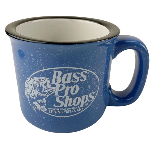 Bass Pro Shops Coffee Mug Cup Fly Fishing Hunting Dad Headquarters Blue Speckled
