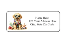 30 Cute Beach Puppy Dog PERSONALIZED RETURN ADDRESS LABELS 1 in X 2 5/8 GLOSSY