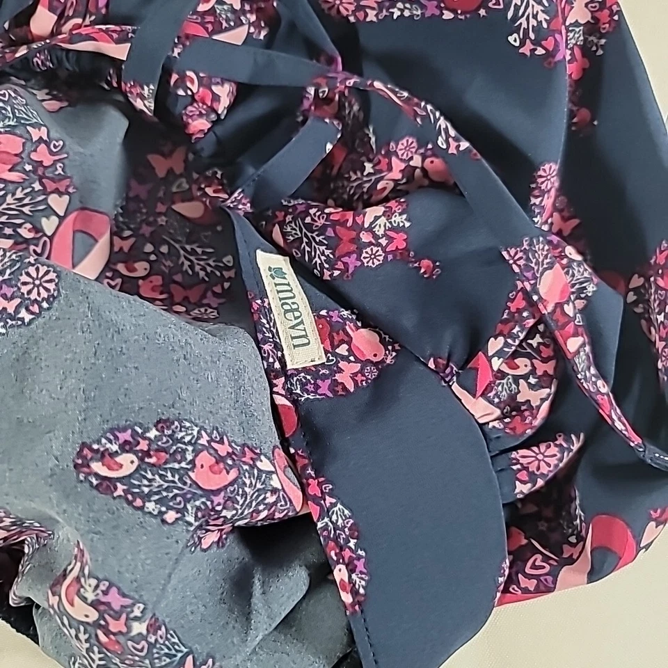 Maevn Adjustable Scrub Hat Birds Flowers Butterfly Ribbon Navy Blue & Pink - Image 2 of 4