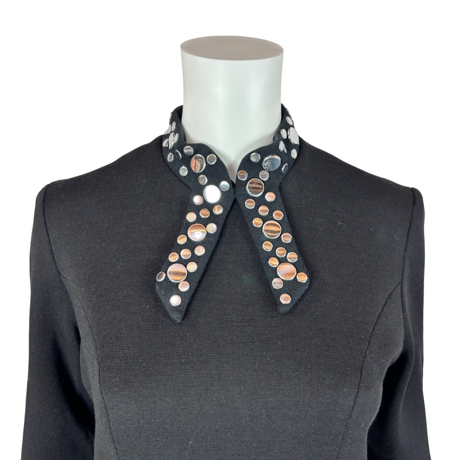 Vintage 60s Studded Dress Women's Extra Small Black Wool Silver Bow Neck Mod image 5