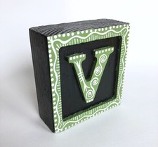 Wood initial "V  Alphabet Letter Wooden Block Hand Painted Gift Green