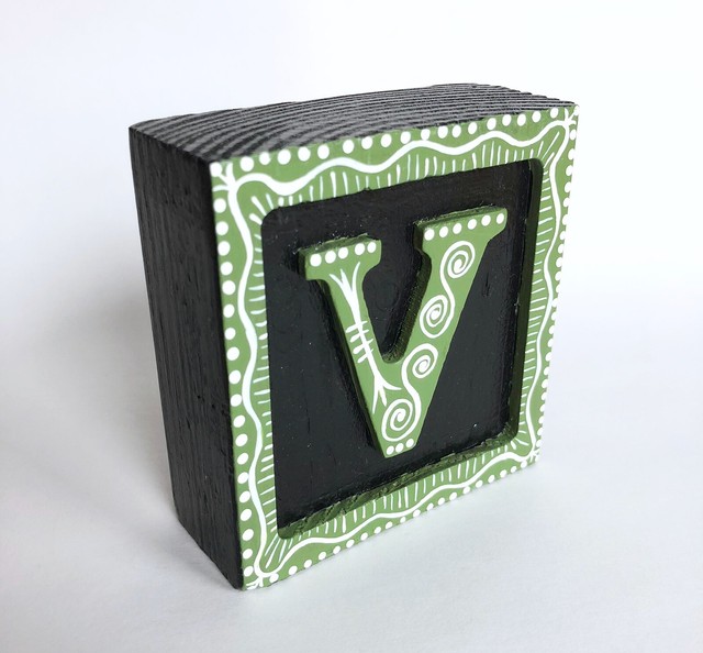 Wood initial "V” Alphabet Letter Wooden Block Hand Painted Gift Green
