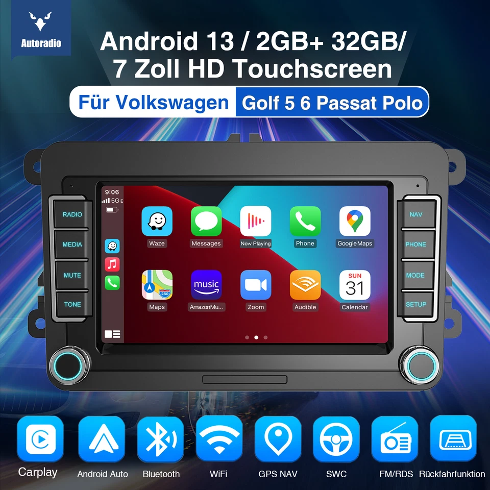 DAB+ Android 13 Carplay Autoradio GPS Navi RDS Für VW Golf 5 6 Touran Caddy Polo - Bild 2 von 4