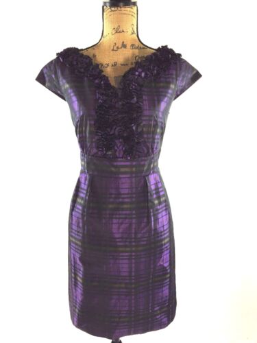Jessica Howard Dress Sheath Black Purple Plaid Rosette V Neck Work Party L