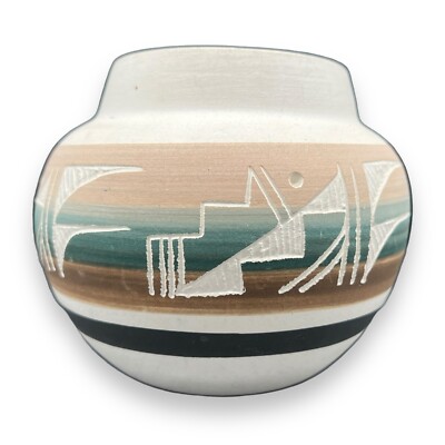 Navajo Artisan Etched Painted Vase Art Pottery Signed A. AHK Ceramic Carving