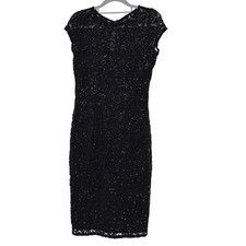 Marina Womens Black Sequin Lace Cap Sleeve Sheath Dress Size 4 LBD Cocktail