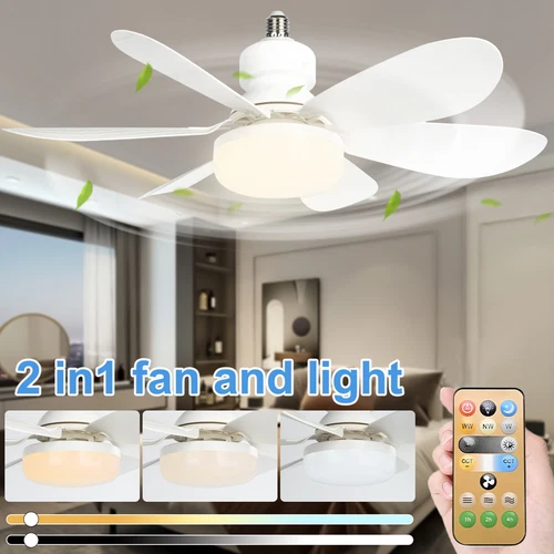 2-in-1 E27 Socket Fan Light with Remote Screw in Ceiling Fans LED Light Bulb Fan - Picture 3 of 12