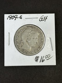 1909 S Barber Half Dollar Coin 50 Cent Silver Coin