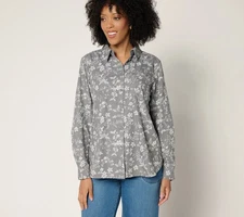 Joan Rivers 100% Cotton Chambray Floral Classic Button Front Shirt Women A688997