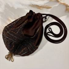 1970s Beaded Satin Walborg Drawstring Evening Bag in the Art Deco Style