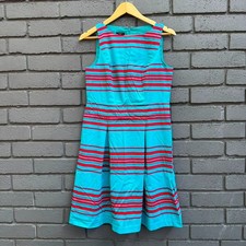 Talbots Petites 10P Striped Fit Flare A Line Dress Turquoise Blue Red Sleeveless
