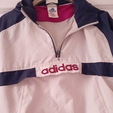 adidas Half-Zip Track Jacket White Blue Pink Polyester Mesh Teens 32/34