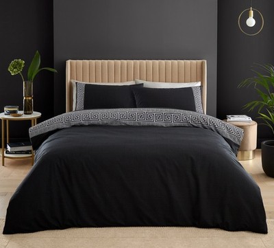 Catherine Lansfield griechisches Schlüsselmuster Bettbezug Single Quilt Bettwäsche Set schwarz